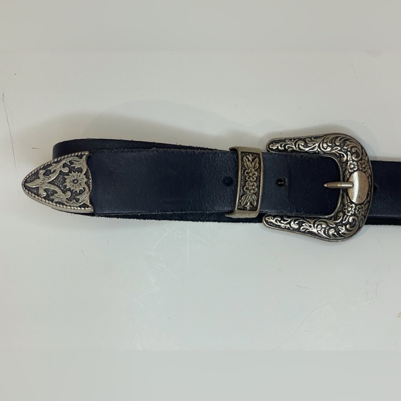 Western Black Leather Belt with Double Silver Buckles‎ Size 30/32 - Picture 2 of 5
